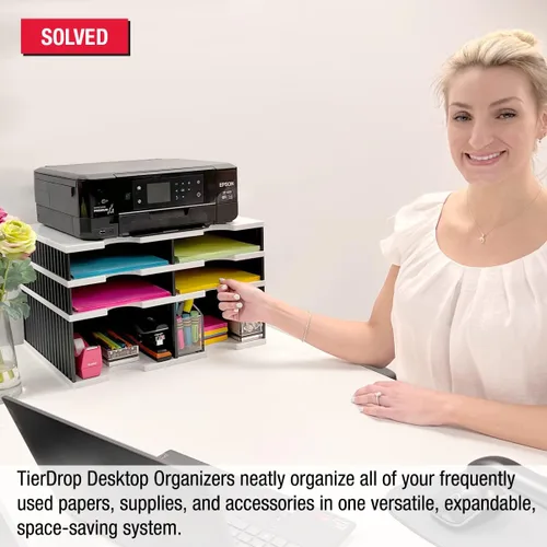 Vista 3 de Ultimate Office Organizador de bandeja de cartas de escritorio con base de almacenamiento elevadora, unidad de 4 compartimentos