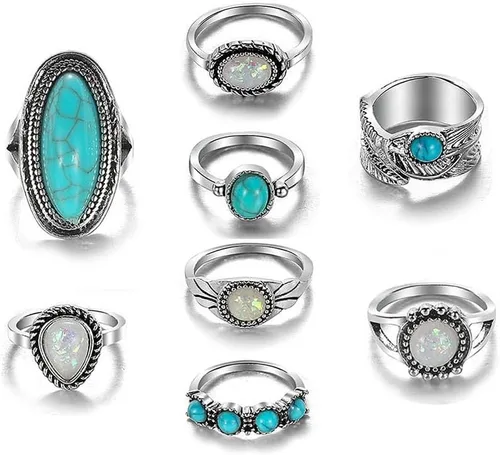 Vista 7 de Airvess Juego de anillos vintage para nudillos, anillos apilables de turquesa gruesa, anillos apilables de plata para los dedos, joyería bohemia