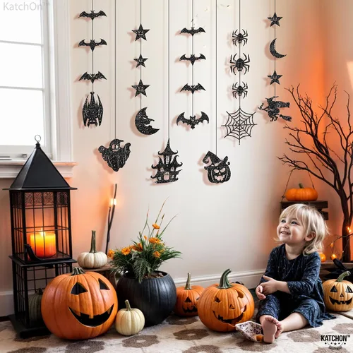 Vista 6 de KatchOn, Guirnalda de Halloween negra con purpurina, enorme, paquete de 10 unidades, guirnalda de decoración de fiesta de Halloween con recortes