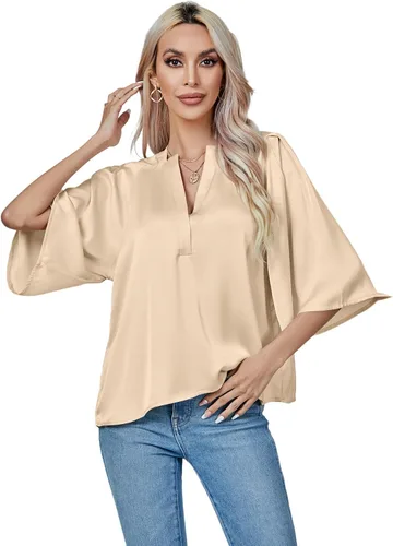 Vista 5 de LYANER Blusa de satén elegante con cuello en V y manga 34 para mujer