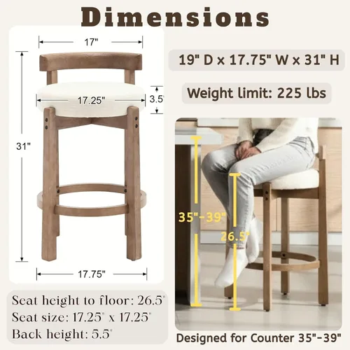 Vista 2 de LukeAlon Mid Century Linen Taburete Individual de Mostrador, Tapizado de 26.5" de Altura de Asiento, Taburetes Bajos con Patas de Madera Natural