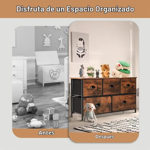 Vista 8 de GOFLAME Cómoda con 5 cajones, cómoda con almohadillas ajustables para los pies, cajones plegables, marco de acero y parte superior de madera, cómoda