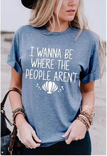 Vista 5 de Camiseta con texto en inglés "I Wanna Be Where The People Don't para mujer, casual, manga corta, divertida y bonita camiseta gráfica