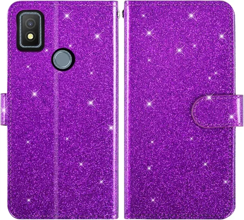 Vista 4 de Asuwish Funda para teléfono Cricket Icon 4 con protector de pantalla de vidrio templado y accesorios para celda, ranura para tarjetero, función Oro