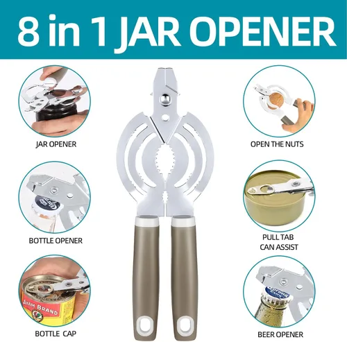 Vista 5 de Abridor de tarros, abridor de tarros multifuncional para personas mayores, abridor de tapa de tarro de acero inoxidable, abrebotellas de fácil giro