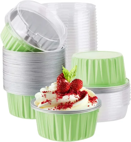 Vista 14 de EUSOAR Vasos para cupcakes con tapas, paquete de 50 forros para magdalenas de 5 onzas de colores surtidos, moldes desechables de papel de aluminio 5