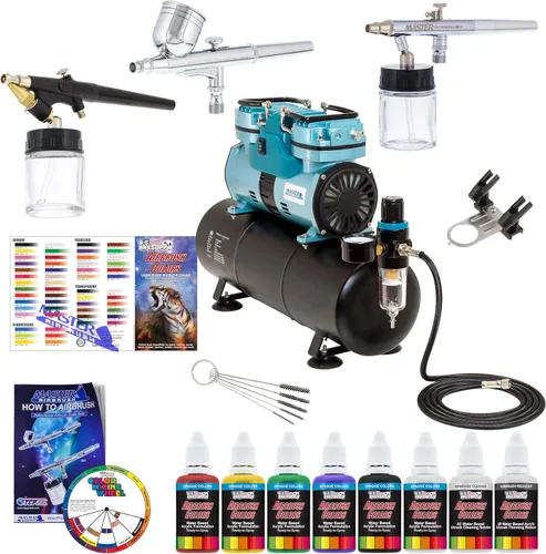 Vista 9 de Kit completo del sistema de aerógrafo multiuso Master para aerografía profesional con 3 aerógrafos Master, kit de pintura con aerógrado de 6