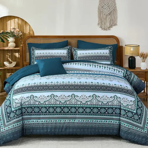 Vista 25 de Cottolester - Juego de edredón bohemio de tamaño matrimonial, 8 piezas, ropa de cama de microfibra suave en una bolsa, rayada y de color aguamarina