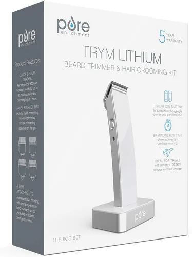 Vista 8 de Pure Enrichment TRYM - Recortadora de barba recargable de litio, kit de aseo de 11 piezas con uso inalámbrico, base de carga, 4 accesorios