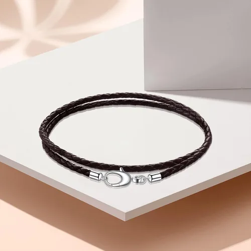 Vista 4 de Pulsera de cuero trenzado italiano genuino de doble envoltura para hombres y mujeres pulsera de cuero negro o marrón de 0118in cierre de plata