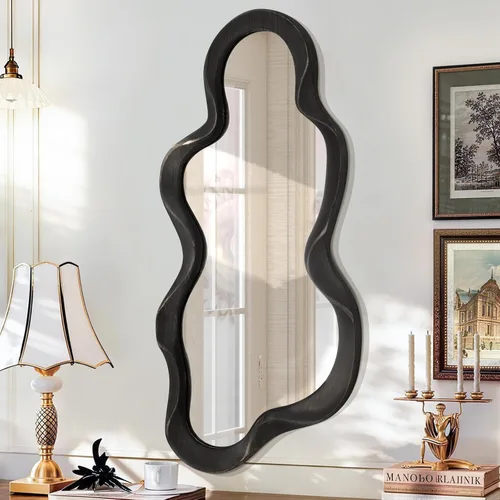 Vista 8 de Espejo asimétrico para decoración de pared, grande, moderno, ondulado, con marco de madera, espejo de pared con forma única montado en pared
