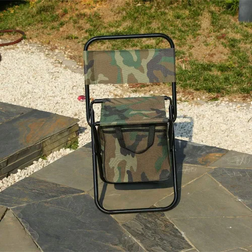 Vista 2 de Silla de camping plegable con bolsa enfriadora, taburete compacto para pesca, camping, senderismo, viajes, barbacoa (camuflaje militar)