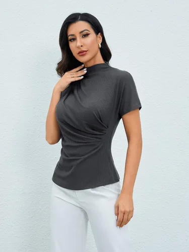 Vista 10 de OYOANGLE Camiseta de manga corta con cuello alto falso y fruncido para mujer