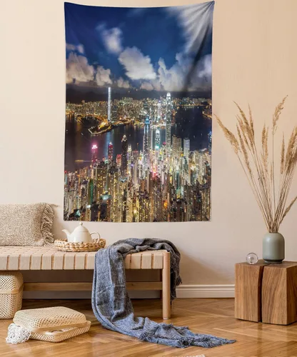 Vista 76 de Ambesonne Tapiz verde, fases lunares alrededor de un árbol de la vida, impresión de diseño bohemio de astrología nocturna, decoración de tela