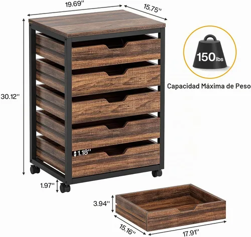Vista 2 de Tribesigns Archivador de 5 cajones, cajón de almacenamiento móvil de madera Marrón
