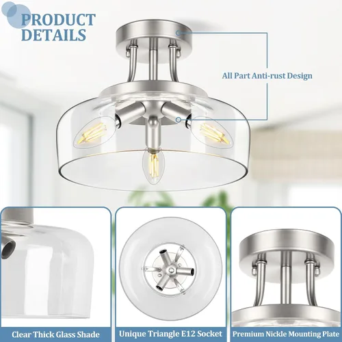 Vista 4 de TOBUSA Lámpara de techo semiempotrada de 3 luces, moderna lámpara de techo industrial de vidrio con base E12, lámpara de techo semiempotrada