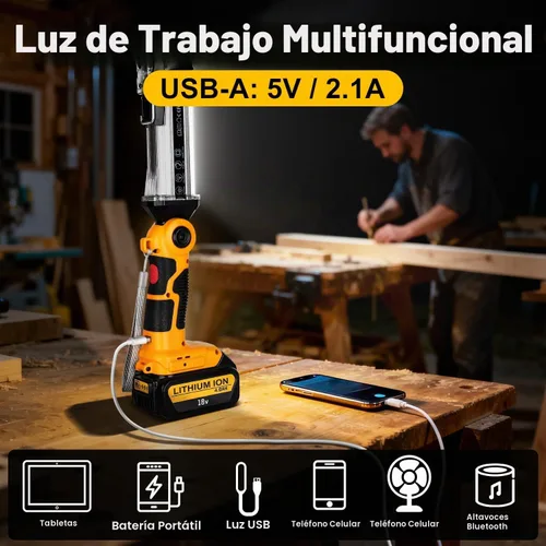 Vista 3 de DTEZTECH Luz de trabajo LED para batería Dewalt de 14.4 V-20 V Max, linterna inalámbrica multifuncional de 2000 lm para exteriores, 25 W, adecuada