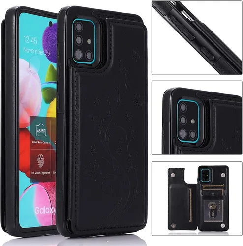 Vista 2 de Funda de teléfono para Samsung Galaxy A51 4G con protector de pantalla de vidrio templado y tarjetero con soporte para tarjetero, accesorios de Negro