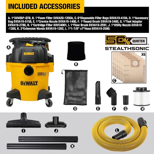 Vista 5 de DEWALT Aspiradora Stealthsonic de 5 galones y 4 HP DXV05P-QTB con 6 bolsas de polvo, aspiradora ultra silenciosa de polietileno con potente succión