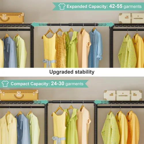 Vista 3 de SEMHOR E06 - Perchero extensible resistente para armario vertical, estantes de ropa independientes con estantes, sistema organizador de armario