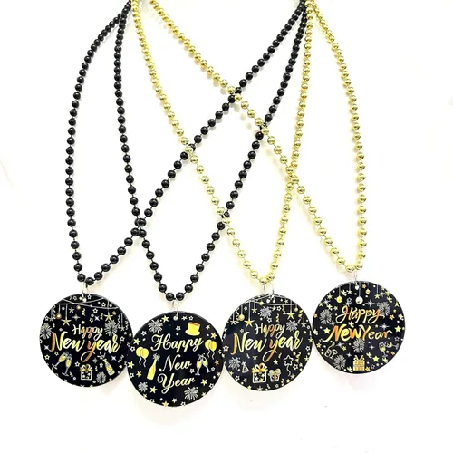 Vista 2 de 12 Piezas Collar de Cuentas Feliz Año Nuevo Collar de Medallón Colgante de Cuentas de Nochevieja Collar de Cuentas para Regalo de Fiesta