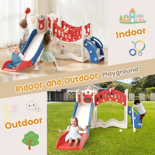 Vista 7 de Tobogán para niños, juego 10 en 1 para niños pequeños, nueva actualización con tobogán para niños, tabla de dibujo, juego de golf, aro de baloncesto