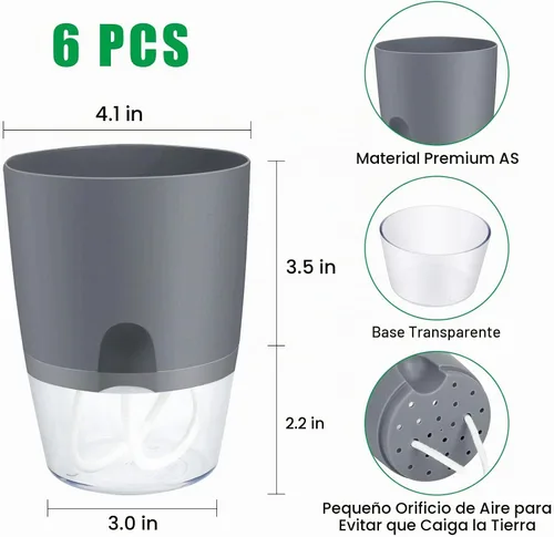 Vista 4 de ShineMe Macetas de Riego Automático, Macetas de 4.1 Pulgadas de Riego Automático para Plantas de Interior, Juego de 6 Macetas de Plástico para Gris