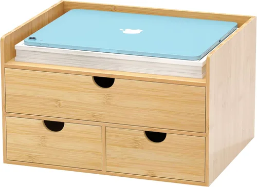 Vista 9 de Organizador de cajones de escritorio de bambú, organizador de escritorio grande con cajones, caja de organización de almacenamiento de mesa para 2