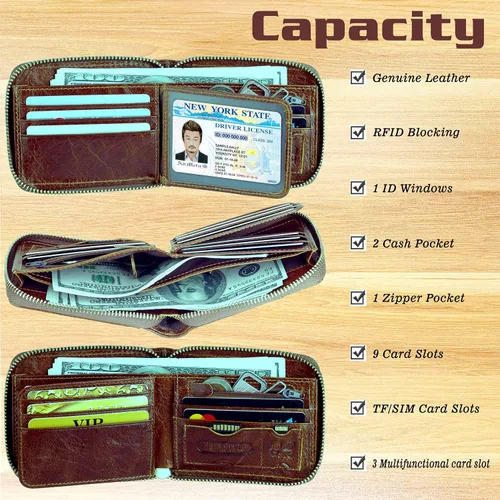 Vista 52 de Admetus - Cartera de piel auténtica para hombre con cremallera, plegable