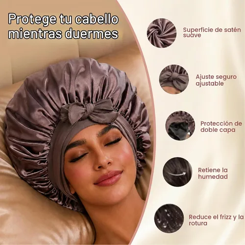 Vista 2 de LUCE Gorro de seda de satén para dormir, gorro de satén XL de doble capa de 600 hilos para mujer, gorro para dormir con lazo ajustable para Marrón
