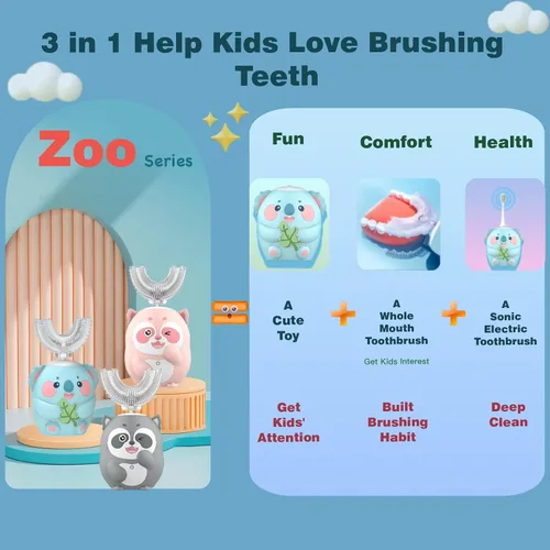 Vista 2 de Cepillo de dientes eléctrico para niños, cepillo de dientes en forma de U, cepillo automático sónico para niños con 5 cabezales de cepillo, 6 modos