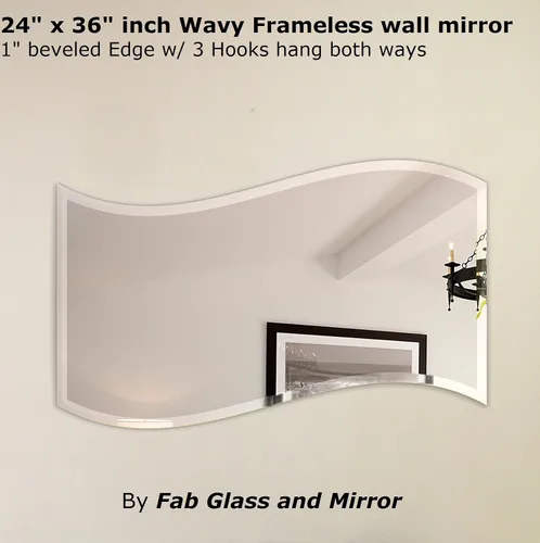 Vista 2 de Fab Glass and Mirror M-Wavy-HKS - Espejo de pared ondulado biselado sin marco con ganchos, 24 x 36 pulgadas