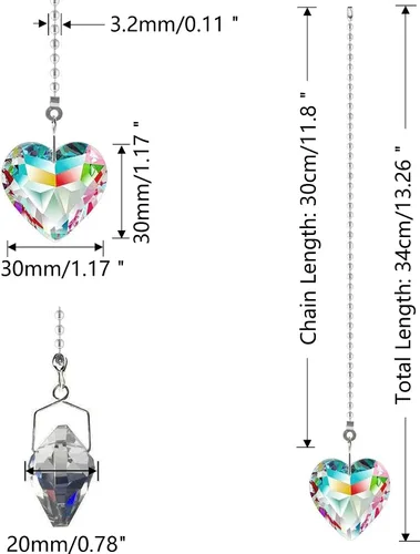 Vista 6 de Extensor de cadena para ventilador de techo, paquete de 2 colgantes decorativos de prisma de corazón de cristal de 12 pulgadas con conectores de AB
