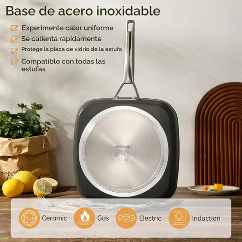 Vista 6 de MsMk - Sartén cuadrada con tapa de 9.5 pulgadas, sartén de parrilla antiadherente de titanio y cerámica, mango Stay-Cool, compatible con todas