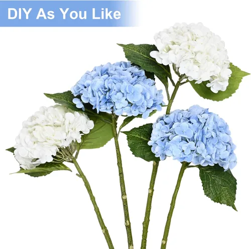 Vista 6 de Flores artificiales de hortensias de tacto real, 2 flores azules y 2 blancas de tacto real, flores de hortensias sintéticas de 21 pulgadas, flores