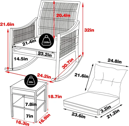 Vista 3 de MUPATER Mecedora de 3 piezas para exteriores, juego de mimbre con mesa y cojines, juego de bistró de ratán para patio, porche, beige