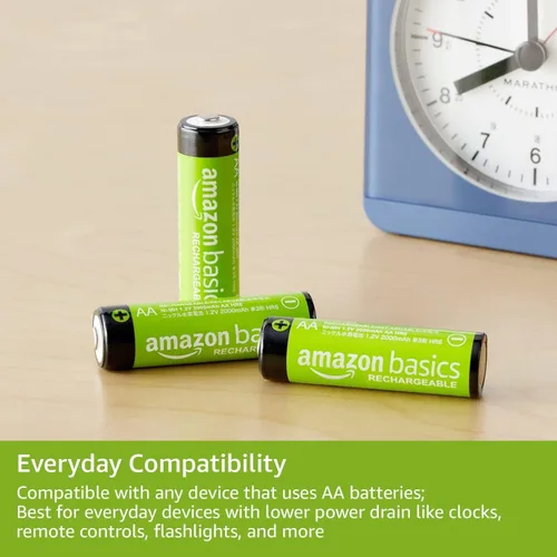 Vista 3 de Amazon Basics Paquete de 8 baterías recargables AA NiMH, 2000 mAh, 1.2 V, recarga hasta 1000 veces, precargadas