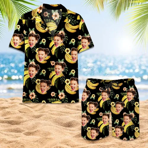 Vista 6 de The Mighty Myth Personalized Custom Face Tropical Unisex Hawaiian Shirt and Shorts Set with Bucket Hat S-5XL
