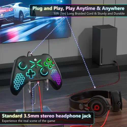 Vista 7 de Need to Upgrade LED Lighting 10ft Wired PC Controller for Xbox One, Xbox Series XS, Xbox One XS, PC Gamepad Support 3.5mm Headset Jack, RGB Light