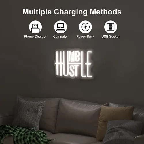Vista 5 de Hustle - Letrero LED de neón para decoración de pared, luces LED de neón con palabras, decoración de fiestas, interruptor alimentado por USB, brillo