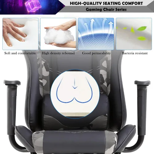 Vista 4 de Silla para videojuegos, silla reclinable de piel sintética con soporte lumbar, reposacabezas y respaldo alto, silla de oficina de carreras, silla