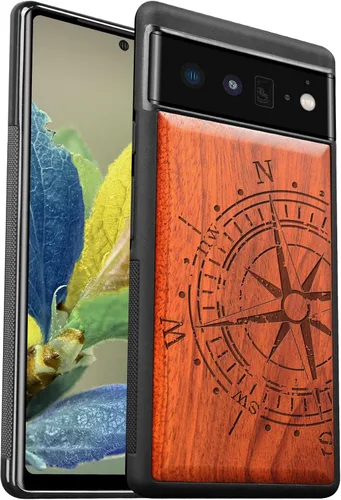 Vista 8 de Carveit Funda de madera para Pixel 6a [madera natural y TPU suave negro] a prueba de golpes, funda de madera única y elegante compatible con Google