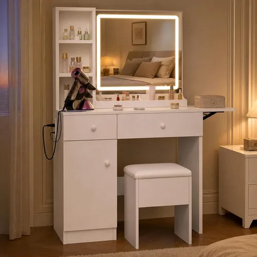 Vista 7 de FUXA Escritorio de tocador con espejo de luces LED y estación de carga, mesa de tocador de maquillaje con cajones de almacenamiento, armario