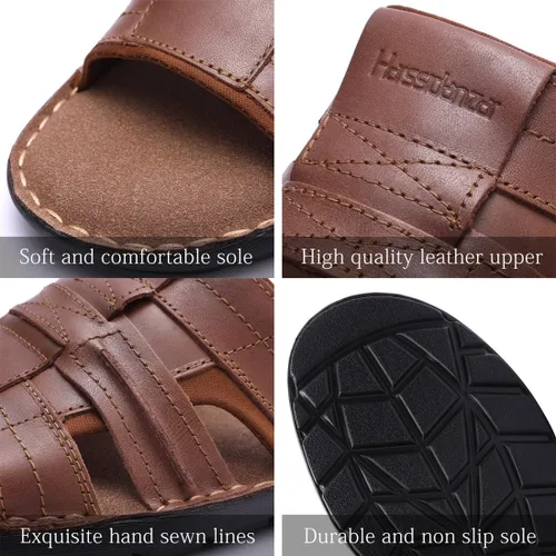Vista 2 de Harssidanzar Sandalias de cuero para hombre, espuma viscoelástica, ligeras, de verano, sandalias para hombre, sandalias de playa para exteriores