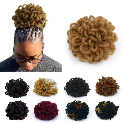 Vista 33 de Moños de Cola de Caballo con Cordón Negro Marrón Loc para Mujeres Negras Moño Rizado de Pétalo Loc Cola de Caballo de Rastas Trenzas Faux Locs Moño