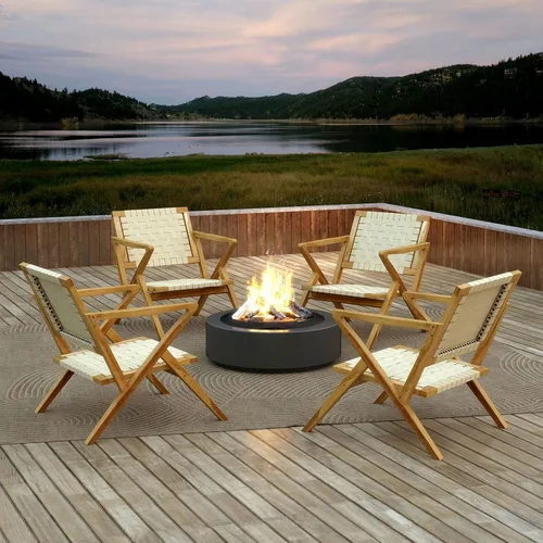 Vista 5 de Tangkula Silla de comedor de madera de teca para exteriores, sillón rústico de madera para patio con asiento y respaldo de cincha, para sala