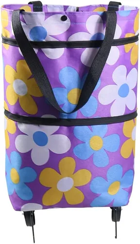Vista 4 de Carrito de compras plegable con ruedas – Bolsa de compras plegable con cremallera de dos etapas para frutas, verduras (negro)