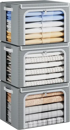 Vista 10 de Yecaye Cajas de Almacenamiento de Ropa con Marco de Metal, Caja de Almacenamiento de Ropa Plegable con Tapa, Caja Organizadora Apilable de Tela