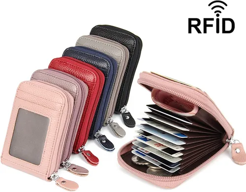 Vista 8 de WITATAOGE Tarjetero de cuero para mujer, pequeño estuche de bloqueo RFID de gran capacidad para tarjetas, Rosa Rojo, A la moda