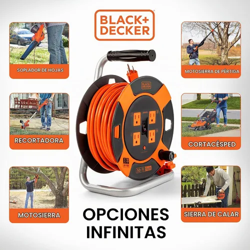 Vista 4 de BLACK+DECKER Carrete de cable de extensión retráctil de 50 pies con 4 tomas, extensión de enchufe múltiple, rebobinado de fácil mango y cable SJTW